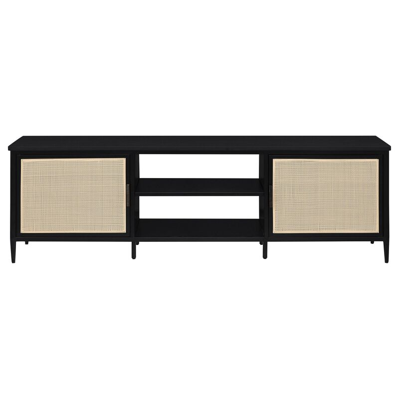 Lanie TV Stand Media Cabinet with 2 Door, PE Cane Front, Black Metal - Benzara