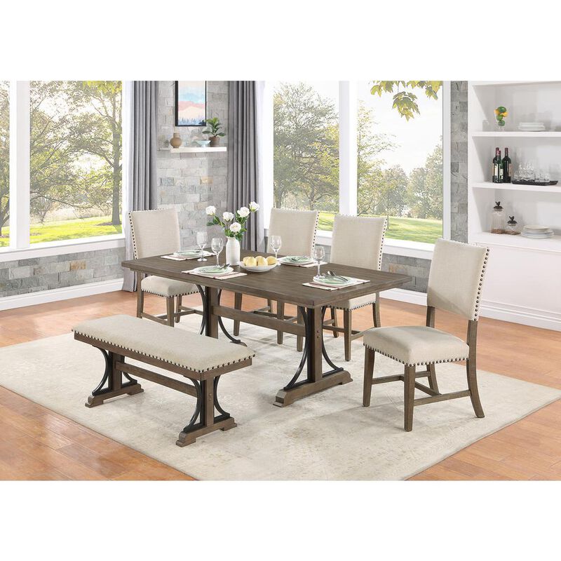 7 piece dining set in brown oak with matching beige linen side chairs and bench