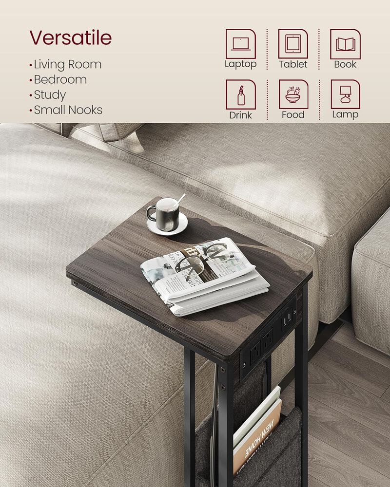 C-Shaped Side Table, End Table with Charging Station, 2 USB Ports and Outlets image number 4