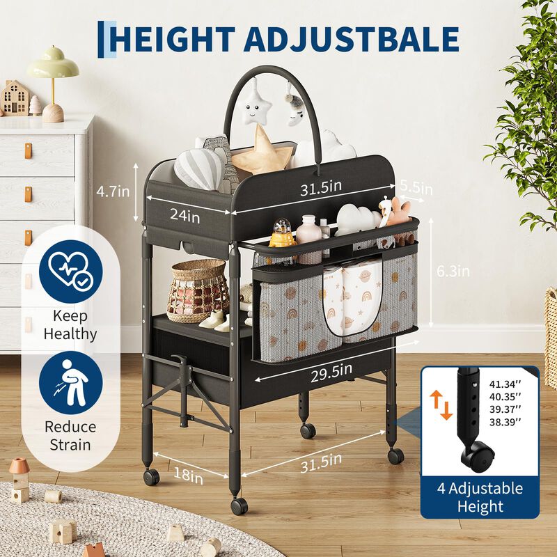 Portable Adjustable Baby Changing Table &ndash; Foldable Mobile Diaper Station with Wheels, 2 Drawers & Waterproof Top image number 3