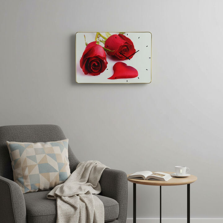 HomeRoots 24" Red White And Gold Solid Wood and Acrylic Silent Roses Floral Wall Clock