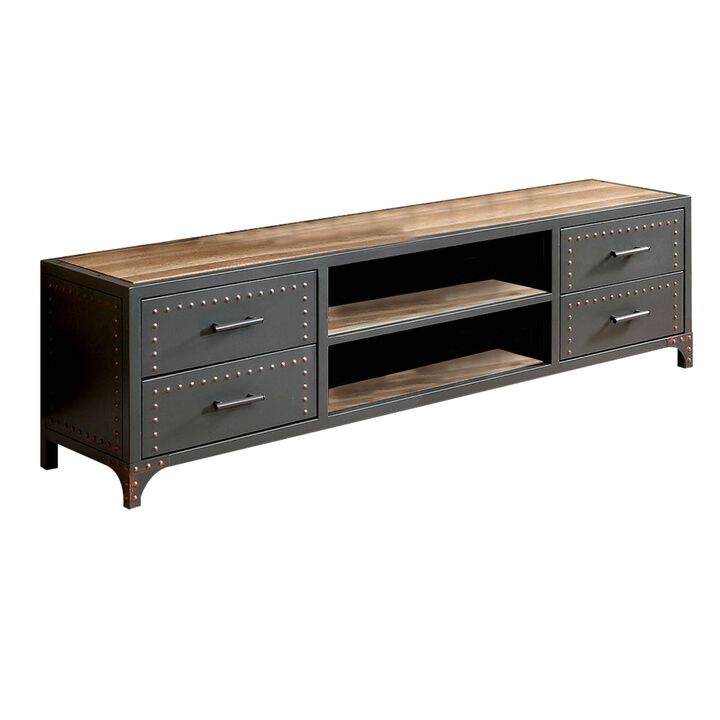 60" Wooden TV Stand With 4 Drawers and 2 Open Shelves In Gray-Benzara