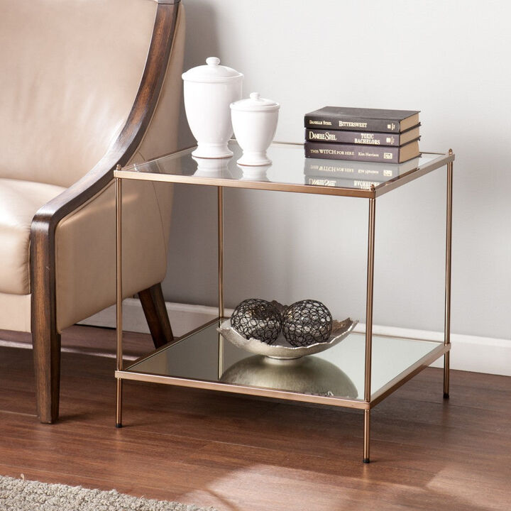 Homezia 22" Gold Glass And Iron Square Mirrored End Table