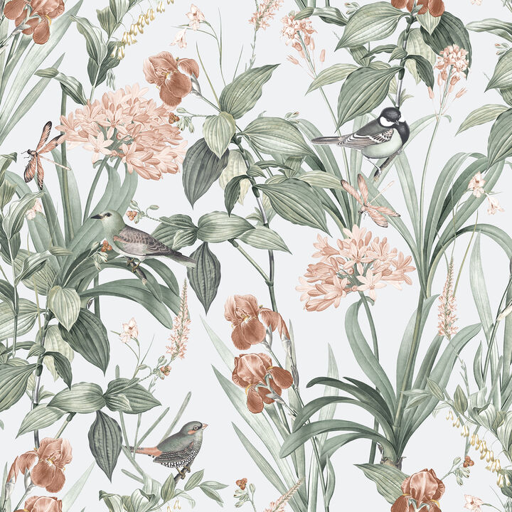 Mint Birds and Dragonflies Botanical Wallpaper
