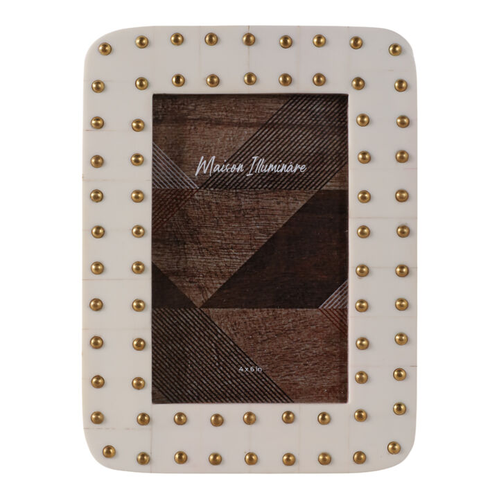 4x6" Brass Dot Border Photo Frame, Ivory/ Gold
