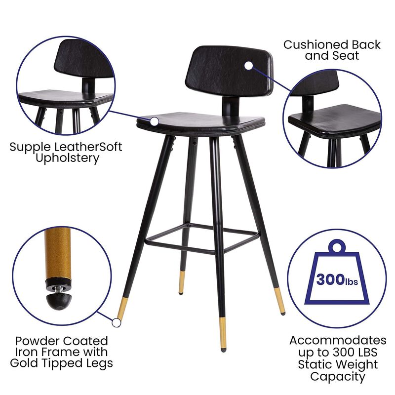 Flash Furniture Kora Commercial Grade Low Back Barstools-Black LeatherSoft Upholstery-Black Iron Frame-Integrated Footrest-Gold Tipped Legs-Set of 2
