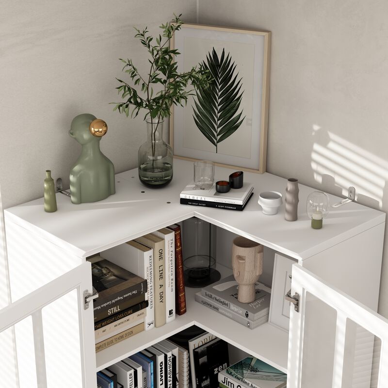 FUFU&GAGA White Mdf 5-Shelf Corner Bookcase with Doors (31.5-in W x 78.9-in H x 31.5-in D), White