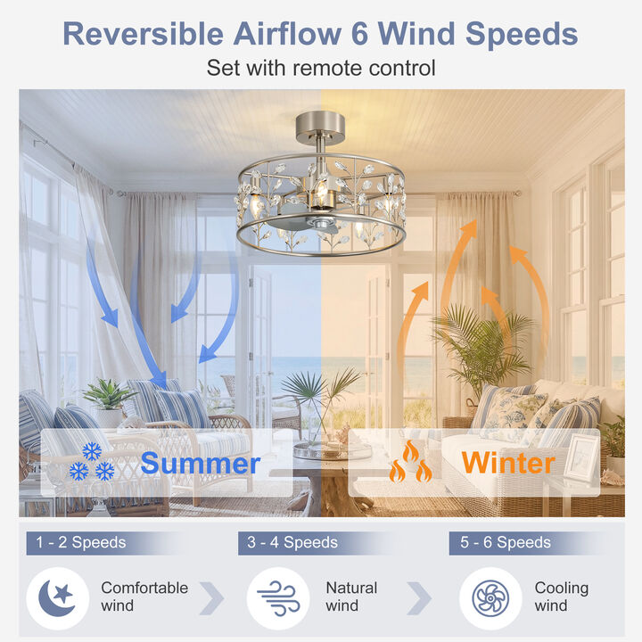 Breezary 20" Industrial Caged Ceiling Fan with Light, DC Motor, 5 E12 Base, 6 Speed Remote,Quiet 5 Blade