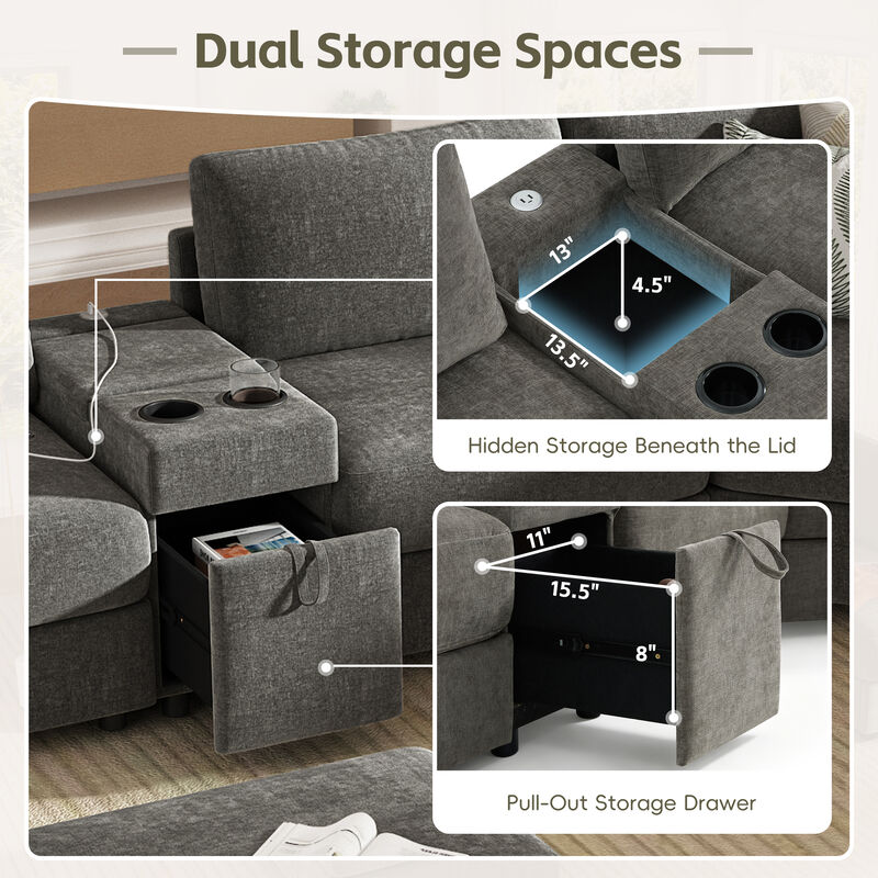 Merax Customizable Modular Sofa with Cloud-Like Comfort, Movable Ottoman, Flippable Console Lid image number 8