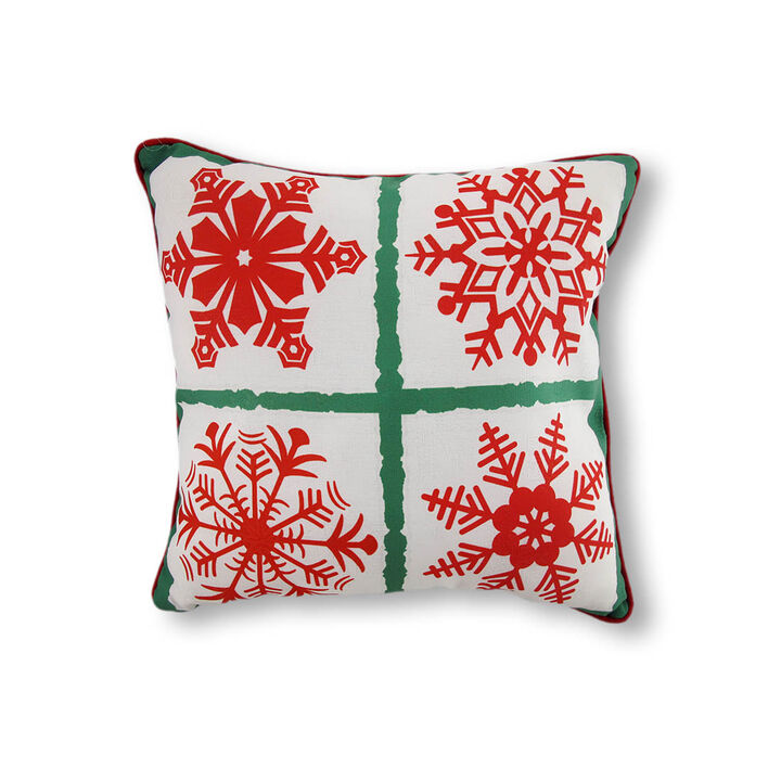 Reversible Winter Crisp Red and Green Snowflakes Pillow 18 In.