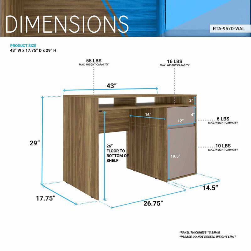 Techni Mobili Home Office Workstation with Storage, Walnut