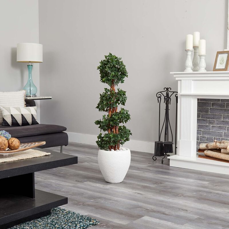 Hivvago 4 Feet English Ivy Topiary Tree in White Oval Planter UV Resistant (Indoor/Outdoor)