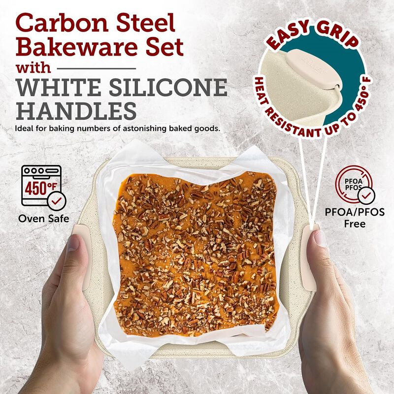 6-Piece Deluxe Nonstick Baking Pan Set - Professional Grade Carbon Steel Bakeware with White Marble Coating & Silicone Handles