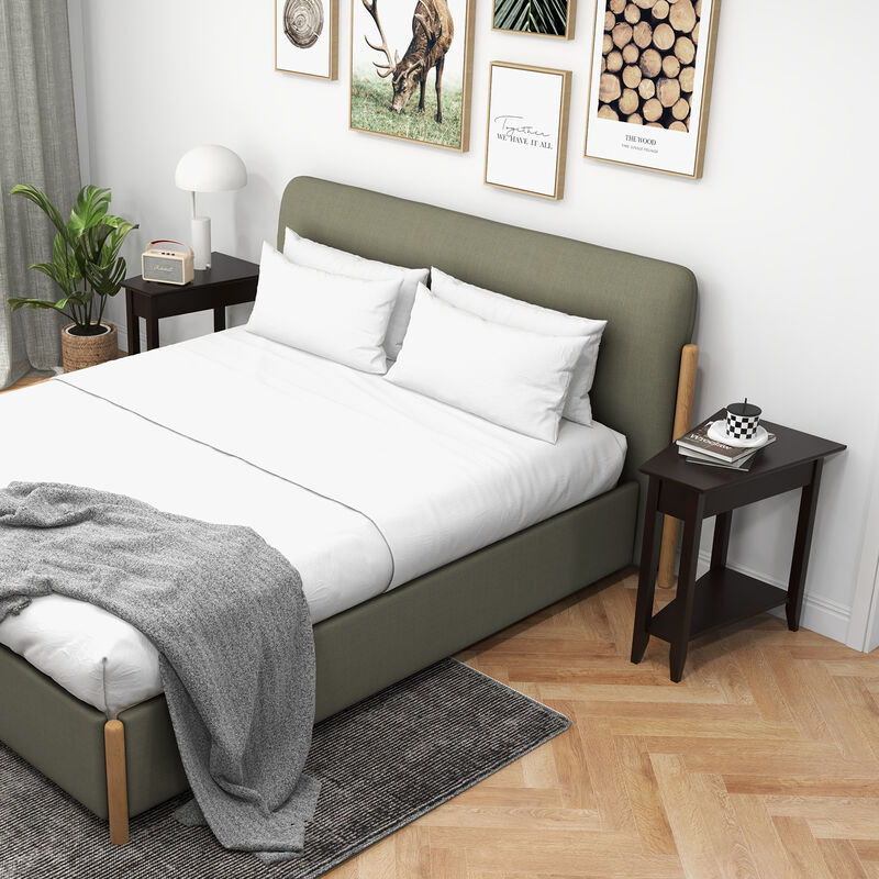 2-Tier Wedge End Table with Storage Shelf and Solid Wood Legs for Small Spaces