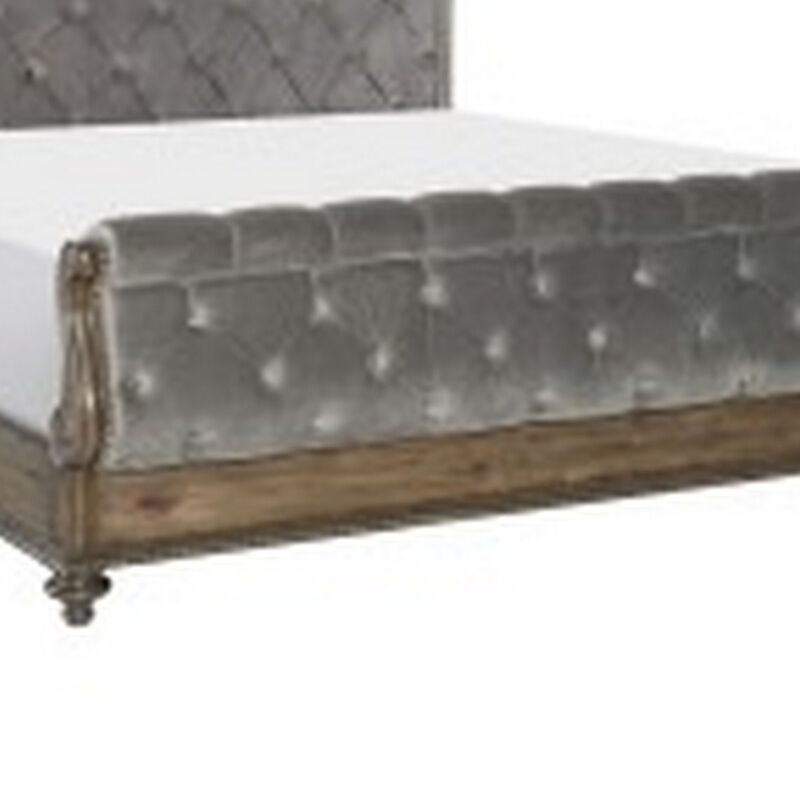 Danya Queen Bed, Sleigh Style, Tufted Rolled Headboard, Nailed Gray Velvet