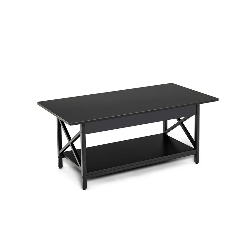 2-Tier Rectangular Coffee Table with Storage Shelf and X-Shaped Metal Frame