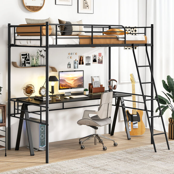 Loft Bed Metal Bed Frame with Ladder and Guardrails