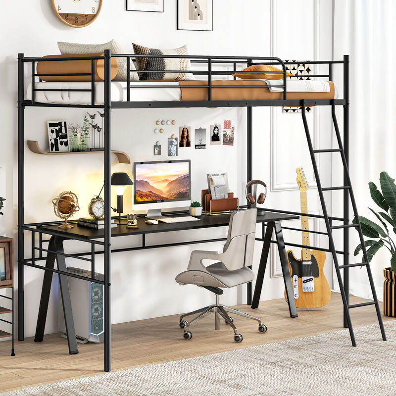 Loft Bed Metal Bed Frame with Ladder and Guardrails