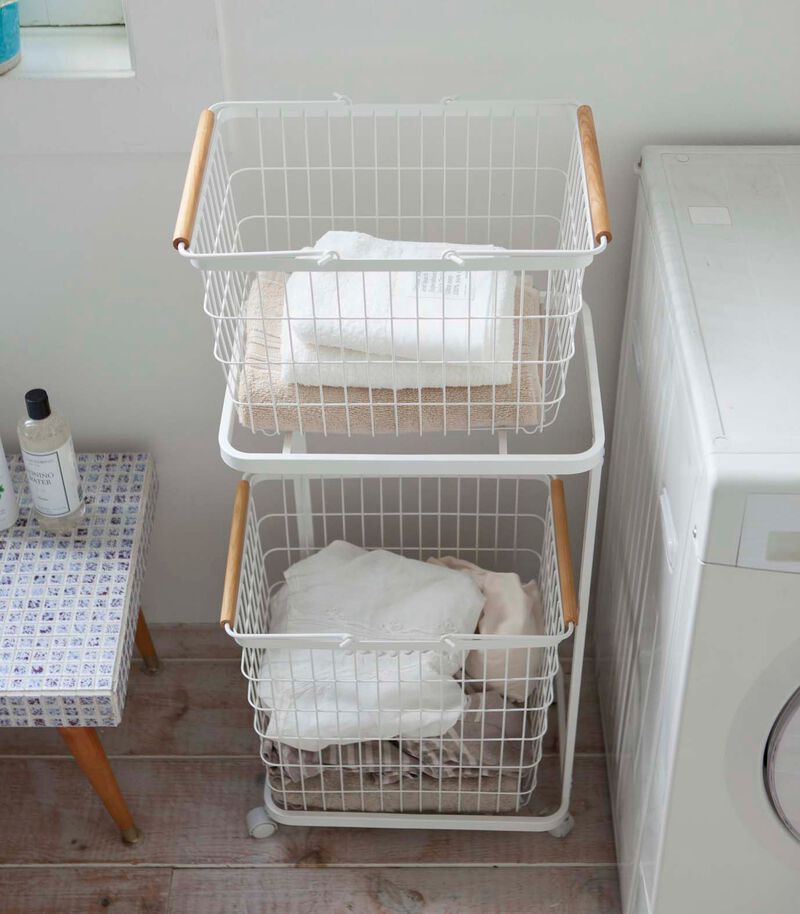 Rolling Laundry Cart + Wire Baskets (38" H)  - Steel + Wood image number 3