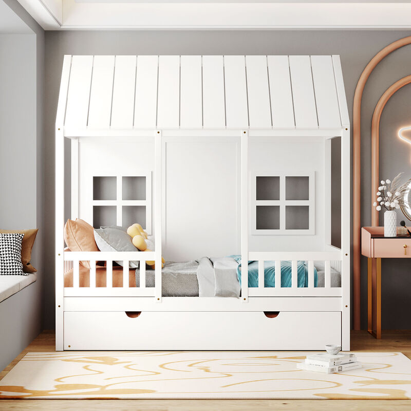 Merax Twin Size Wooden House Bed with Trundle image number 2
