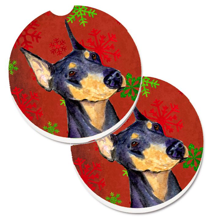 Caroline's Treasures Doberman Red & green Snowflakes Holiday Christmas Set of 2 Cup Holder Car Coasters SS4702CARC, 2.56, Multicolor