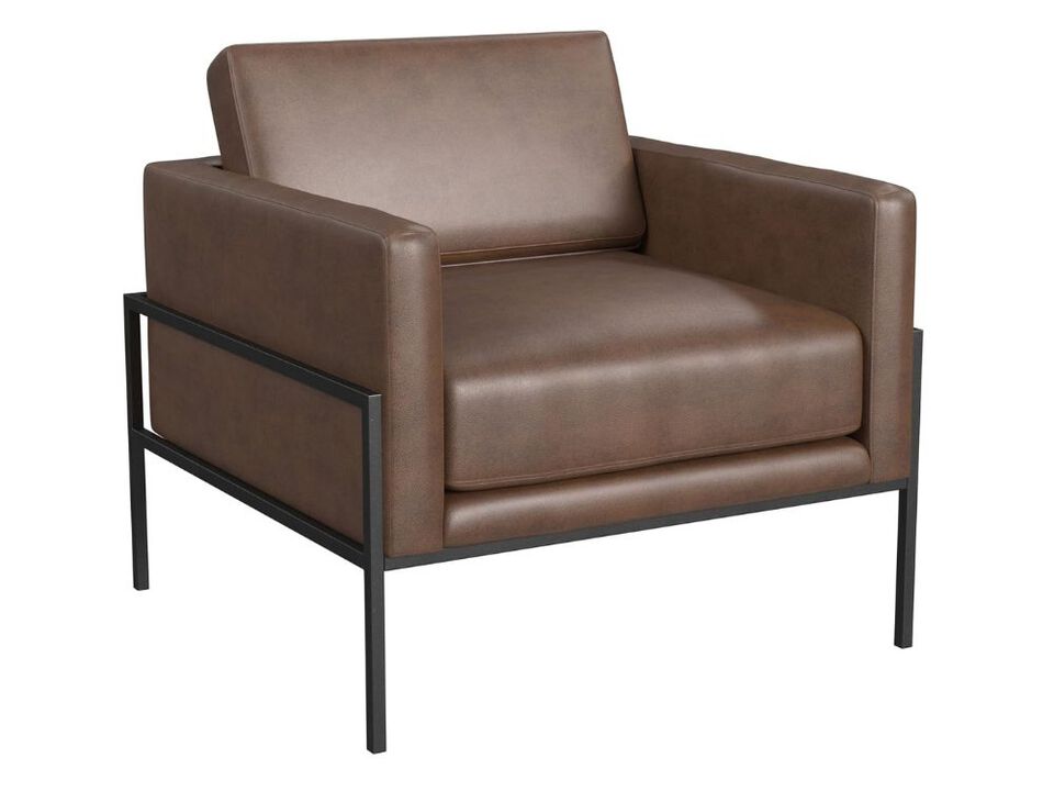 Accent Chair &ndash; Brown Faux Leather Armchair with Metal Frame & Wood Armrests