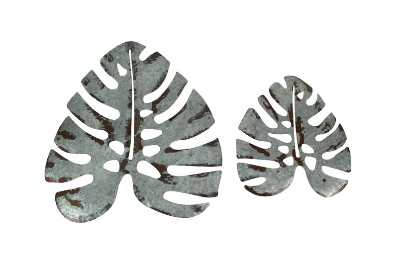Set of 2 Galvanized Zinc Finish Metal Monstera Leaf Sculptures Wall Hangings image number 0