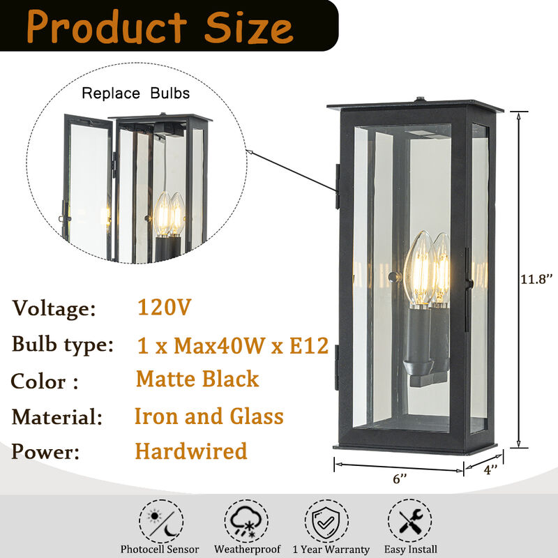 1 Light H12 in. Modern Matte Black Outdoor Wall Light with Dusk-to-Dawn Sensor Simplicity Exterior Wall Sconce with Clear Glass Shade for Porch Garden image number 4