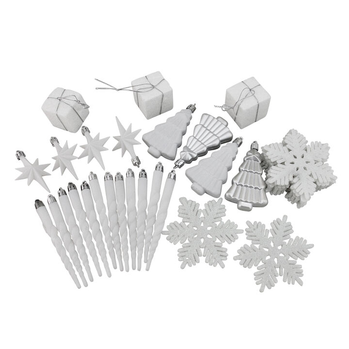 125ct Winter White and Silver Shatterproof 4-Finish Christmas Ornaments 5.5" (140mm)