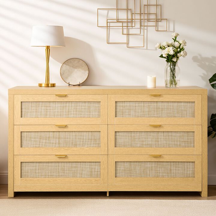 Modern Wood Rattan Dresser with 6 Drawers Clothing Organizer