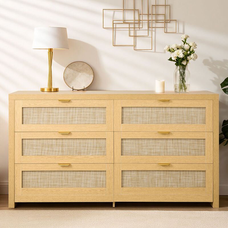 Modern Wood Rattan Dresser with 6 Drawers Clothing Organizer image number 1