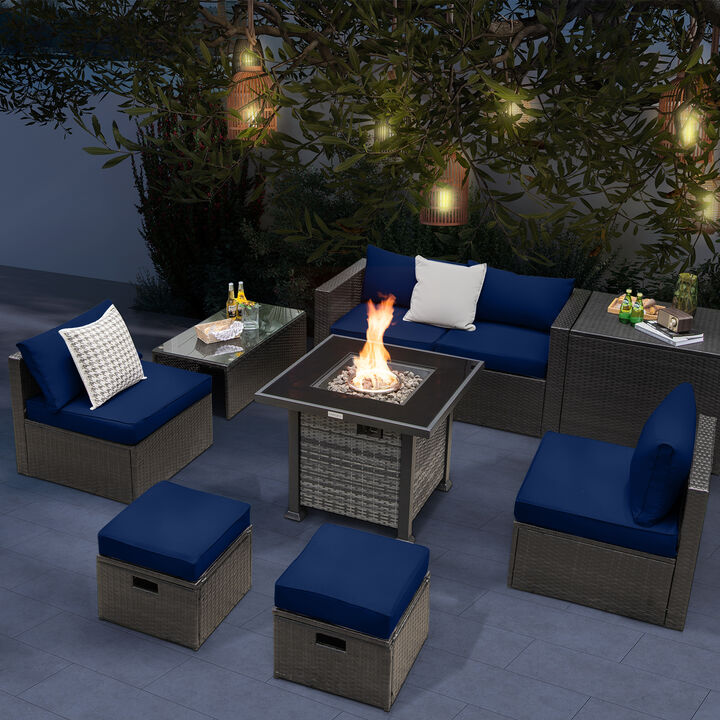 Outdoor 9-Piece Rattan Furniture Set with Fire Pit Table &ndash; Weather-Resistant Sofa with Cushions