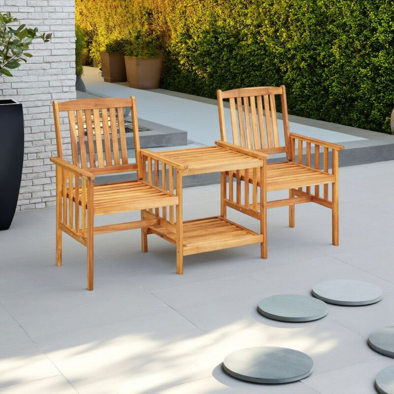 3pc Outdoor Patio Chairs w Attached Table, Slatted Solid Acacia Wood - Benzara