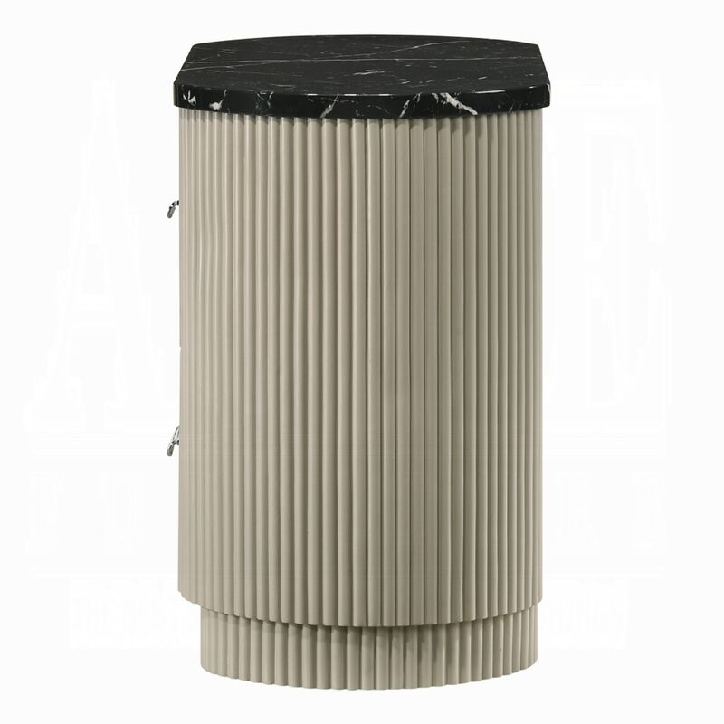 Trex Nightstand, 2 Reeded Drawers with Black Faux Marble Oval Top, Beige image number 3