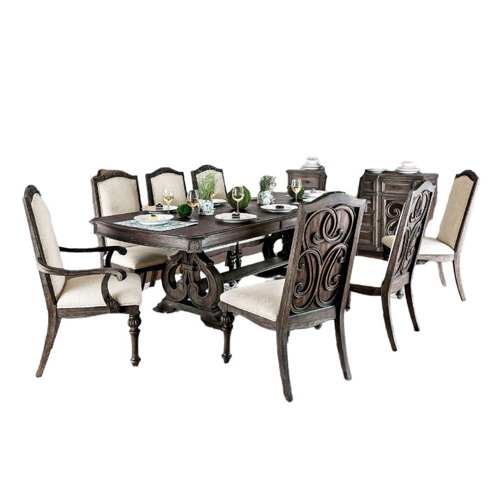 Arca 9pc Dining Table Set with 8 Ivory Fabric Chair, Rustic Solid Wood - Benzara