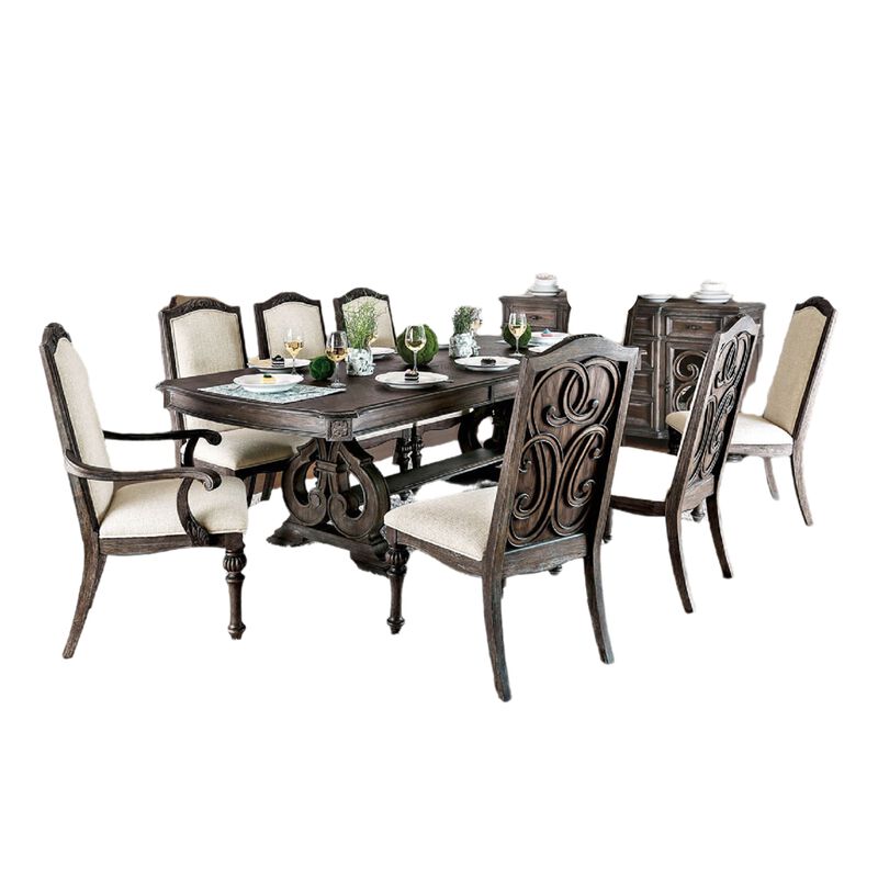 Arca 9pc Dining Table Set with 8 Ivory Fabric Chair, Rustic Solid Wood - Benzara