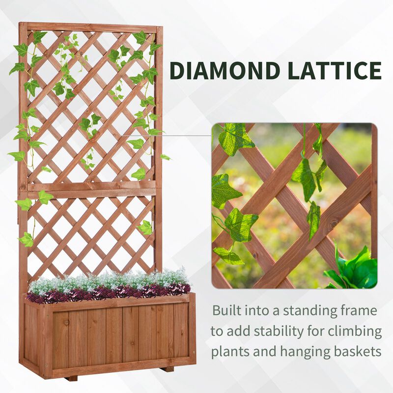 Outsunny Wooden Planter with Trellis, 59" Outdoor Raised Garden Bed with Drainage Holes, Planter Box for Climbing Vine Plants Flowers, Orange