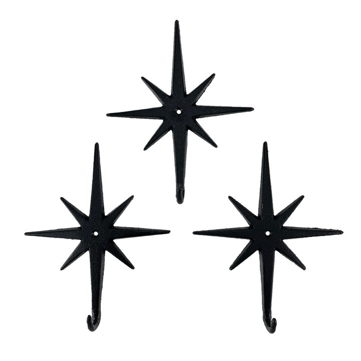 Set of 3 Cast Iron Atomic Starburst Wall Hooks &ndash; Mid-Century Modern Design, Black Finish, 9" High, 7.25" Long, Durable and Stylish for Organizing Coats, Hats, Keys, and More