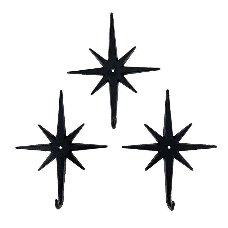 Set of 3 Cast Iron Atomic Starburst Wall Hooks &ndash; Mid-Century Modern Design, Black Finish, 9" High, 7.25" Long, Durable and Stylish for Organizing Coats, Hats, Keys, and More image number 1