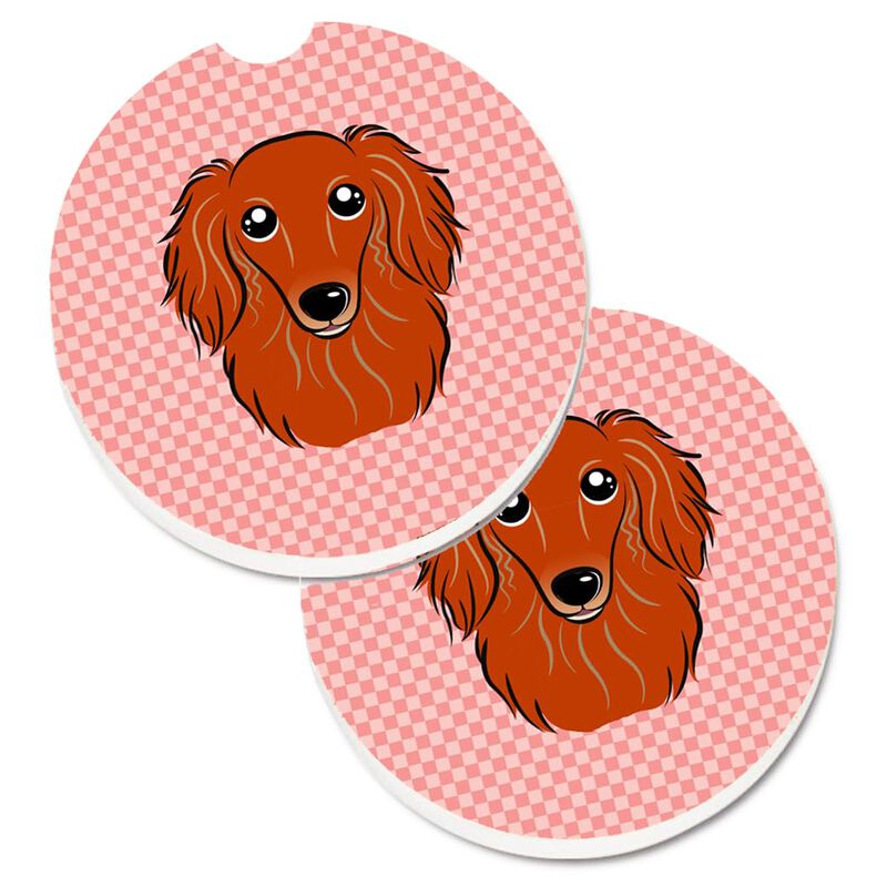 Caroline's Treasures Checkerboard Pink Longhair Red Dachshund Set of 2 Cup Holder Car Coasters BB1214CARC, 2.56, Multicolor