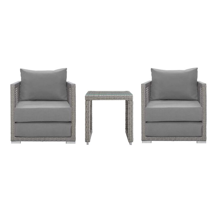 Aura Outdoor Patio Collection - Gray Gray Wicker Rattan Set with Aluminum Frame. Includes Side Table & 2 Armchairs. All-Weather Cushions for Maximum Comfort & Durability. Perfect for Casual Conversations & Unforgettable Moments.