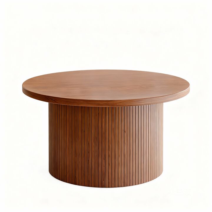 31.5" Round Tambour Coffee Table, Mid-Century Engineered Wood Drum Accent