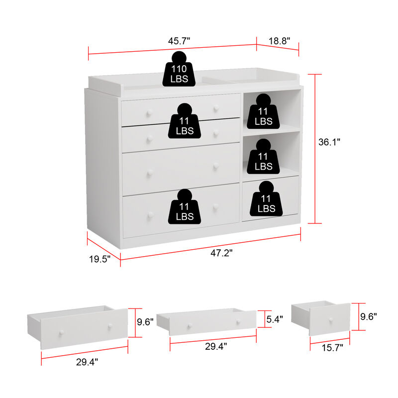 5-Drawers White Wood Chest of Drawers Dresser Vanity Table Storage Cabinet with Shelf 36.1 in. H x 47.2 W x 19.5 D