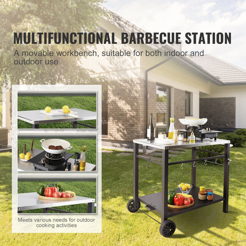 Modular Outdoor Grill Cart &ndash; Stainless Steel Worktable with Shelves, Handle, and Wheels for Pizza Oven & BBQ Setup