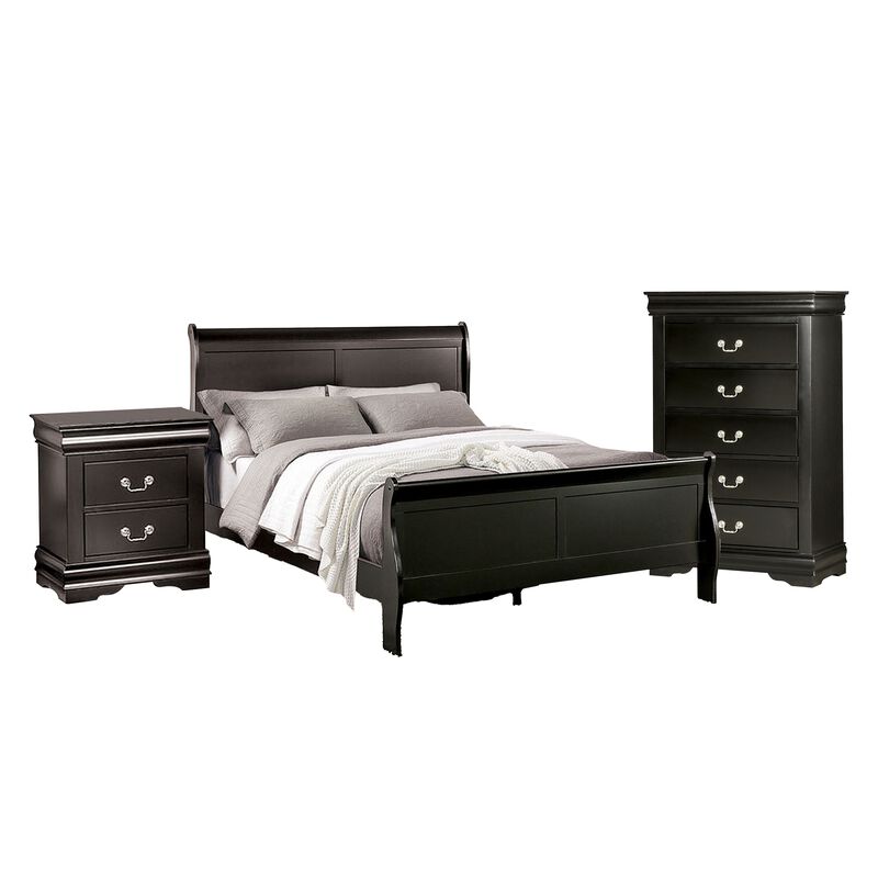 Ry Three Piece Full Size Bedroom Set, Sleek Modern Transitional Style, Black