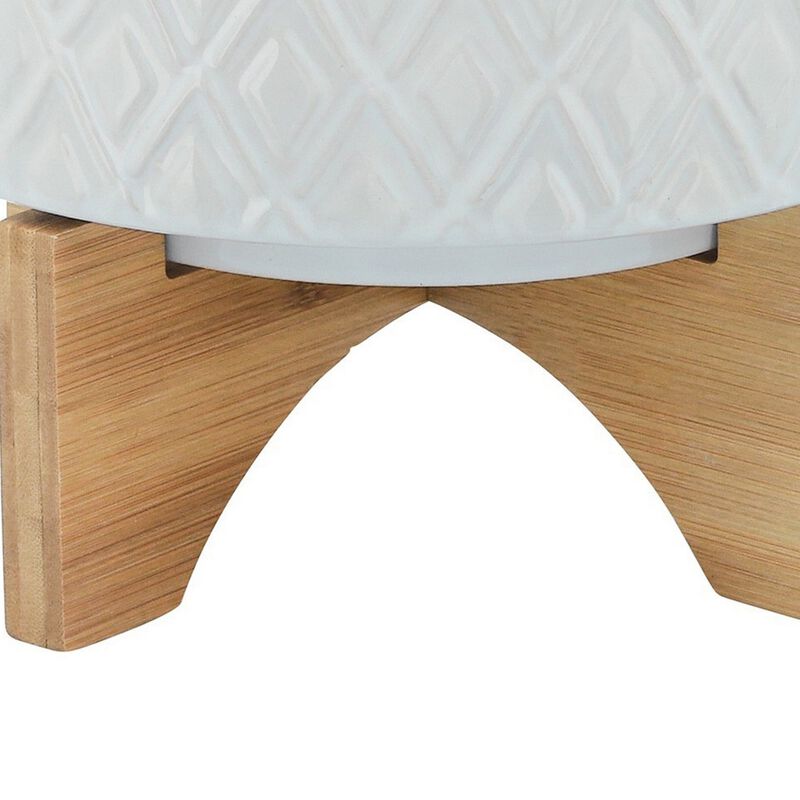 Ceramic Planter with Diamond Pattern and Wooden Stand, White-Benzara