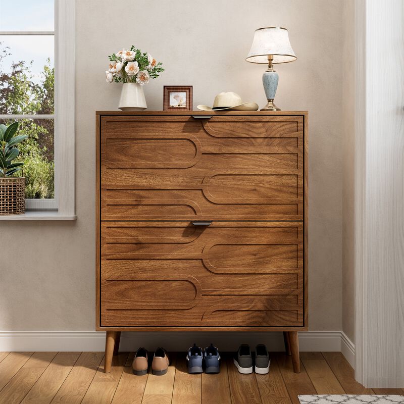 Clihome Medieval Modern Independent Shoe Cabinet, 31.5-inch Walnut Shoe Storage Cabinet,, Fence Shoe Cabinet With 2 Flip Drawers, Suitable For Corridors And Entrances image number 1