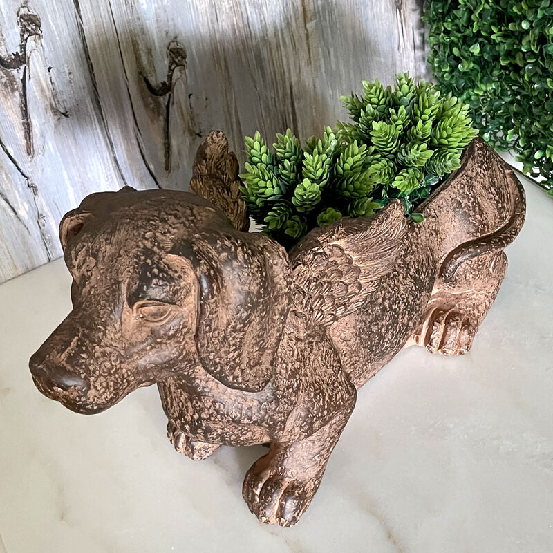 Flying Wiener Dog Planter 18" Brown, With Drain Hole, Rustic Garden Decor image number 5