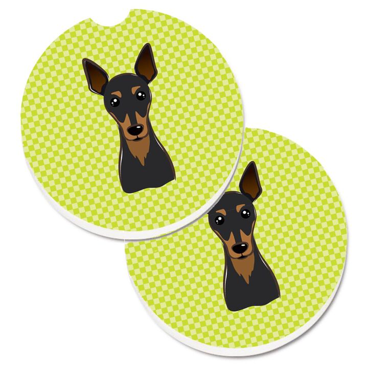 Caroline's Treasures Checkerboard Lime green Min Pin Set of 2 Cup Holder Car Coasters BB1302CARC, 2.56, Multicolor