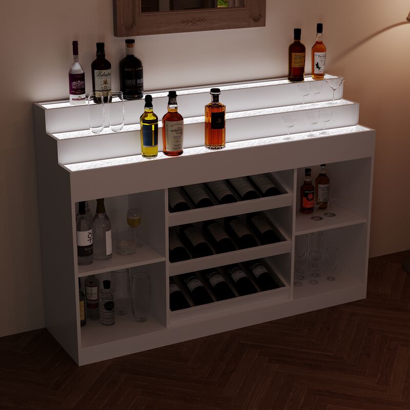 FUFU&GAGA Modern Stepped-Top Wine Cabinet with Tilted Bottle Rack, Wave Light Effect with Adjustable Brightness, 4mm Tempered Glass, (56.3 in. W x 15.7 in. D x 39.4 in. H), White
